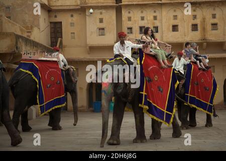 Amer, Rajasthan, Inde. 10 décembre 2020. Les mahouts venant du village d'éléphants de Hathi Gaon qui servent les touristes à Amer fort, Rajasthan, en Inde, sont parmi ceux qui recevront une aide financière du ministre en chef de l'État, Ashok Gehlot, pour venir en aide à la pandémie du coronavirus. Les promenades à dos d'éléphant au fort d'Amer (photo) ont été rouvertes le 23 novembre, mais les familles des mahouts, la plupart étant des villageois de Hathi Gaon, ont déjà souffert d'un hiatus de neuf mois en raison de la pandémie de Covid-19, comme l'a signalé le 10 décembre 2020 le Times of India (TOI). Banque D'Images