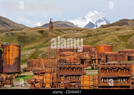 Équipement de traitement de l'huile de baleine, Grytviken (station de chasse à la baleine abandonnée), île de Géorgie du Sud Banque D'Images