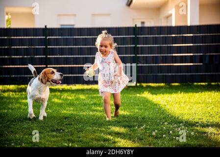 Bébé fille qui court avec un chien de beagle dans le jardin le jour d'été. Animaux domestiques avec enfants concept. Banque D'Images