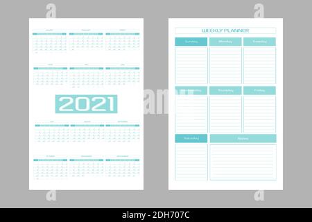 Ensemble de 2021 modèles de calendrier et de calendrier hebdomadaire. Calendrier mensuel et programme personnel design minimaliste. La semaine commence le dimanche. Illustration de Vecteur