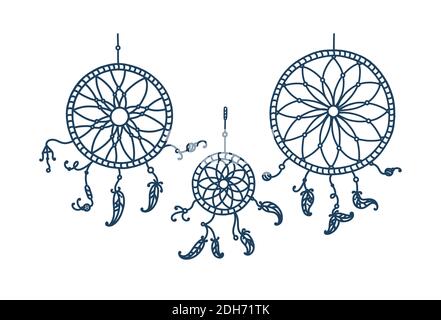 Dreamcatchers à plumes tribales. Ensemble de draamatcheurs de mandala. Illustration vectorielle en style doodle Illustration de Vecteur