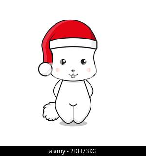 jolie mascotte de lapin blanc porter chapeau de père noël. design isolé sur fond blanc. Banque D'Images