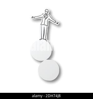 Illustration vectorielle ligne noire dessinée à la main d'un homme d'affaires debout sur deux cercles sur papier coupé avec ombre isolée sur fond blanc. Papier art. Bus Illustration de Vecteur