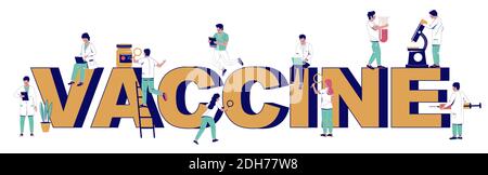 Modèle de bannière typographique de recherche sur les vaccins. Scientifiques médicaux développant le vaccin Covid-19, illustration vectorielle plate. Illustration de Vecteur