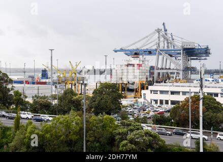 Auckland. 8 octobre 2020. La photo prise le 8 octobre 2020 montre des conteneurs qui s'accumulent dans les ports d'Auckland, en Nouvelle-Zélande. Les ports d'Auckland sont actuellement confrontés à une congestion importante, car les navires à conteneurs sont détournés vers les ports voisins pour assurer les ventes de Noël. Le temps d'attente moyen dans les ports d'Auckland est actuellement de huit jours et les navires sont vus en mer pour accéder aux ports. Credit: Guo Lei/Xinhua/Alay Live News Banque D'Images