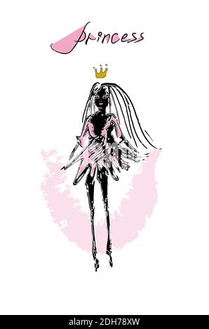 Illustration d'une silhouette de princesse avec une couronne dans une robe rose.esquisse. Illustration vectorielle Illustration de Vecteur