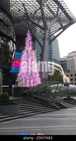 SINGAPOUR, SINGAPOUR - 11 novembre 2019 : un arbre de Noël électrique en rose, éclairé le jour devant un Mall pour les marques les plus populaires sur Orchard Road Banque D'Images