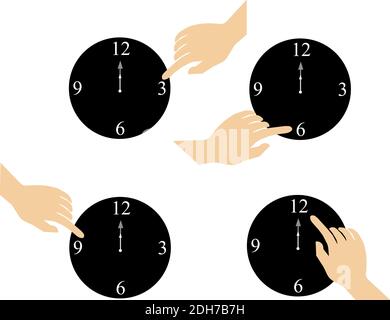 Heures et horloge, appuyez à la main sur horloge à 3, 6, 9 et 12 heures. Illustration de Vecteur