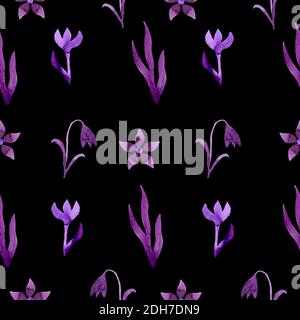 motif fleurs lilas sur fond noir aquarelle Banque D'Images