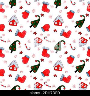 Aquarelle à motif du nouvel an, mitaine rouge, bottes de Noël, sapin de Noël, étoile, flocon de neige sur fond de pied Banque D'Images