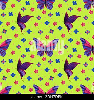 motif papillon avec fleurs aquarelle sur fond jaune Banque D'Images