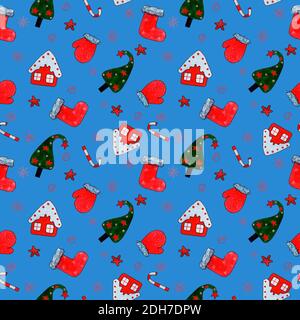 Aquarelle à motif du nouvel an, moufles rouges, bottes de Noël, sapin de Noël, étoile, flocon de neige sur fond bleu Banque D'Images