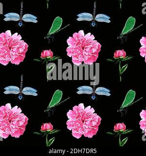 motif de libellules bleues et de libellules vertes avec pivoines arrière-plan noir aquarelle Banque D'Images