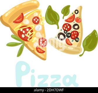 Approvisionnez la pizza coupée en morceaux. Thème restauration rapide. De jolies tranches de pizza en forme de triangle de dessin animé. Tranche de pizza pepperoni à la sause fondue, fromage mozzarella, basilic Illustration de Vecteur