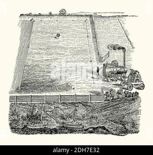 Une vieille gravure de la charrue à vapeur de Howard c.1870. Il est tiré d'un livre victorien des années 1880. Contrairement aux Fowlers plus connus, la machine Howard utilisait une paire de tambours à enroulement. Cela a permis à un seul moteur et à une poulie de renvoi ancrée de labourer (le système Fowler a utilisé une paire de moteurs, chacun tirant alternativement). Ce système de « rond-point » employait des ancres à blocs d'arrachage aux coins plus des rouleaux (porteurs de corde) le long des lignes droites pour éviter que la corde ne s'accroisse. James et Fred Howard de Bedford, en Angleterre, (plus tard connu sous le nom de Howards) étaient des fabricants de machines agricoles et de moteurs de traction à vapeur. Banque D'Images