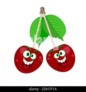 Paire de cerises souriantes isolées sur fond blanc. Couple de comics mignon rouge cerise avec feuilles vertes. Des fruits de dessin animé avec visage drôle. Joyeux Illustration de Vecteur