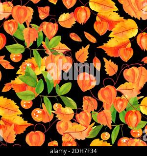 Motif sans couture avec feuilles d'automne aquarelle, avec physalis et baies Banque D'Images