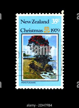 Nouvelle-Zélande - vers 1979 : timbre-poste annulé imprimé par la Nouvelle-Zélande, qui célèbre Noël, vers 1979. Banque D'Images