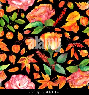 Motif sans couture avec fleurs et feuilles d'automne aquarelle Banque D'Images