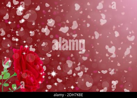 Arrière-plan flou rouge abstrait avec des roses et des coeurs brillants bokeh étincelant. Papier peint de la Saint-Valentin. Banque D'Images