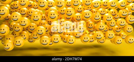 rendu 3d d'un grand groupe de smileys emoji à large sourire. Taille de la bannière Web. Banque D'Images