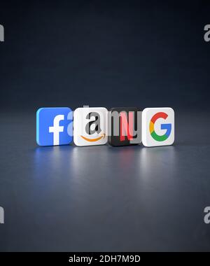 Logos de ce que l'on appelle FANG partage sur un fond sombre. Les géants de la technologie Facebook, Amazon, Netflix, Google / Alphabet. Banque D'Images