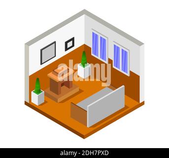 Chambre avec cheminée isométrique illustration graphique vectorielle. Illustration de Vecteur