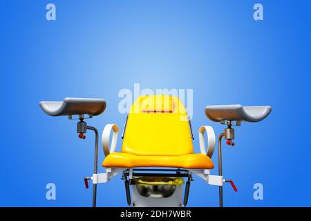 Chaise gynécologique, fond jaune sur fond bleu isolé. Concept de l'examen médical des femmes. Banque D'Images