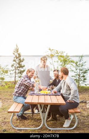 Des amis heureux prenant le déjeuner au bord du lac Banque D'Images