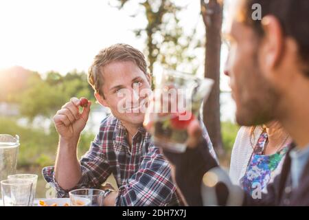 Homme souriant prenant le déjeuner avec des amis pendant le pique-nique Banque D'Images
