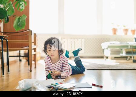 Garçon avec des stylos à lèvres en feutre colorés et des livres couchés sol à la maison Banque D'Images