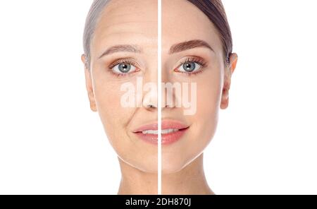 Concept de vieillissement de la peau, portrait. Avant et après, visage jeune et vieux, processus de vieillissement. Procédures anti-âge de la cosmétologie. Peau lisse et rides Banque D'Images