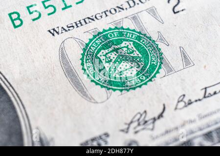 Photo de gros plan d'une facture d'un dollar. Détail d'un billet d'un dollar US avec. Gros plan sur une facture d'un dollar. Vue de dessus de la note de devise des États-Unis avec inscriptio Banque D'Images