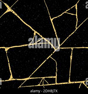 Gold kintsugi crack vector fond de motif sans couture. Lignes dorées et irrégulières sur fond noir. L'art japonais a inspiré le luxe en marbre cassé Illustration de Vecteur