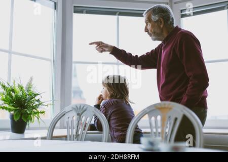 Homme âgé montrant quelque chose au grand petit-fils par la fenêtre à accueil Banque D'Images