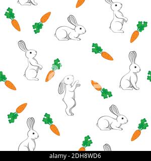 Motif sans couture de lapins et de carottes sur fond blanc Illustration de Vecteur