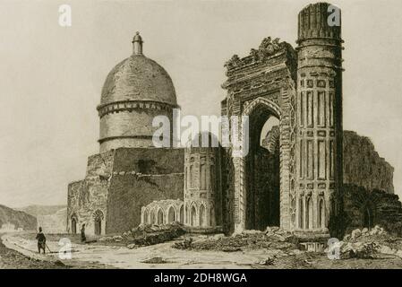 Perse. Soltaniyeh, province de Zanjan. La capitale des dirigeants Ilkhanates de Perse au XIVe siècle. Extérieur de la mosquée Soltaniyeh. À la fin du XVIe siècle, la ville fut pratiquement abandonnée et ses monuments furent en ruines. Gravure. Panorama universel. Histoire de la Perse, 1851. Banque D'Images