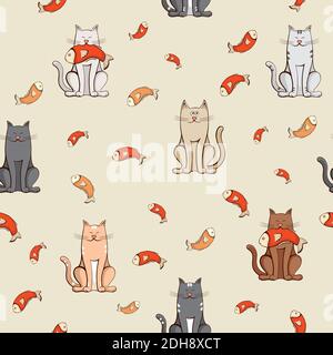 motif chats et poissons sans couture sur fond beige Illustration de Vecteur