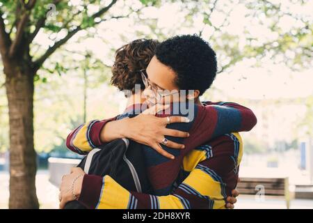 Amis masculins s'embrassant dans le parc Banque D'Images