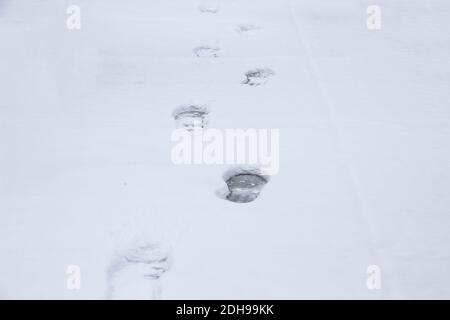 Un pas contre le fond de neige. Empreintes de pas sur le fond de neige blanc des bottes. Traces humaines sur la neige. Banque D'Images