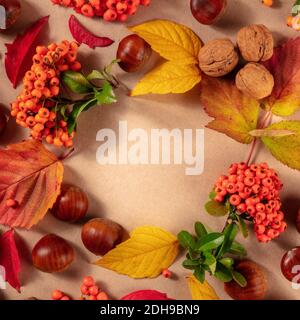 Modèle d'arrière-plan d'automne carré avec châtaignes et feuilles vibrantes, tourné d'en haut avec espace de copie Banque D'Images