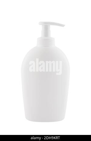 Flacon en plastique blanc avec savon liquide pour les mains isolé sur blanc arrière-plan avec masque Banque D'Images