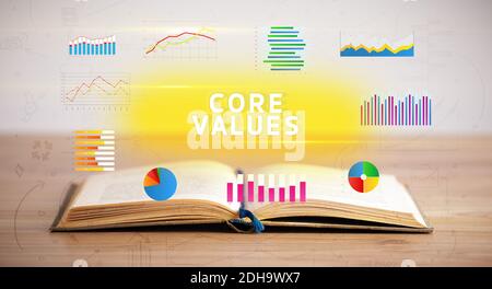Livre ouvert avec inscription DE VALEURS FONDAMENTALES, nouveau concept d'affaires Banque D'Images