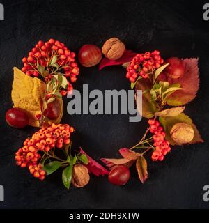 Couronne d'automne, modèle carré avec espace de copie, composition de pose à plat des feuilles d'automne, grenaille supérieure Banque D'Images