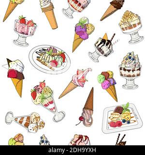 Motif sans couture avec différentes crèmes glacées dans des cônes, des assiettes et des bols. Illustration vectorielle, éléments dessinés à la main. Excellent imprimé pour les cartes de vœux, le tissu Illustration de Vecteur