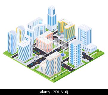 Boîtier complexe - vecteur moderne illustration isométrique colorée. Paysage urbain de qualité avec maisons d'appartements, blocs de haute élévation, route avec voitures. Réel Illustration de Vecteur