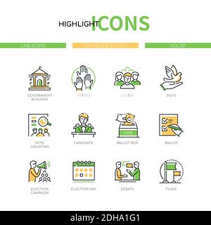 Vote et élection - jeu d'icônes de style de design de ligne moderne. Politique et électoralisme. Bâtiment du gouvernement, électeurs, colombe, dépouillement des votes, candi Illustration de Vecteur