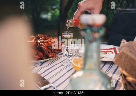 Image rognée de la main de l'homme verser la boisson dans le verre de vin à dîner dans le jardin Banque D'Images