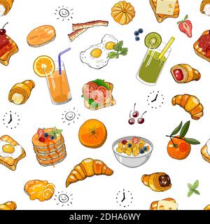 Motif vectoriel sans coutures avec tasses de café, thé, œufs frits et différents aliments. Résumé le petit déjeuner. Texture vectorisée à la main sans fin pour Illustration de Vecteur
