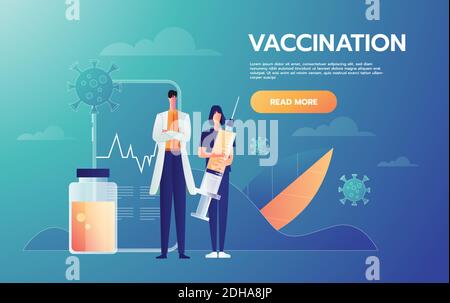 Conception de concept de caractère médical. Médecin et infirmière personnel de l'hôpital personnages tenant la cure de seringue, le vaccin pour combattre le virus corona et l'épidémie de covid-19 Illustration de Vecteur